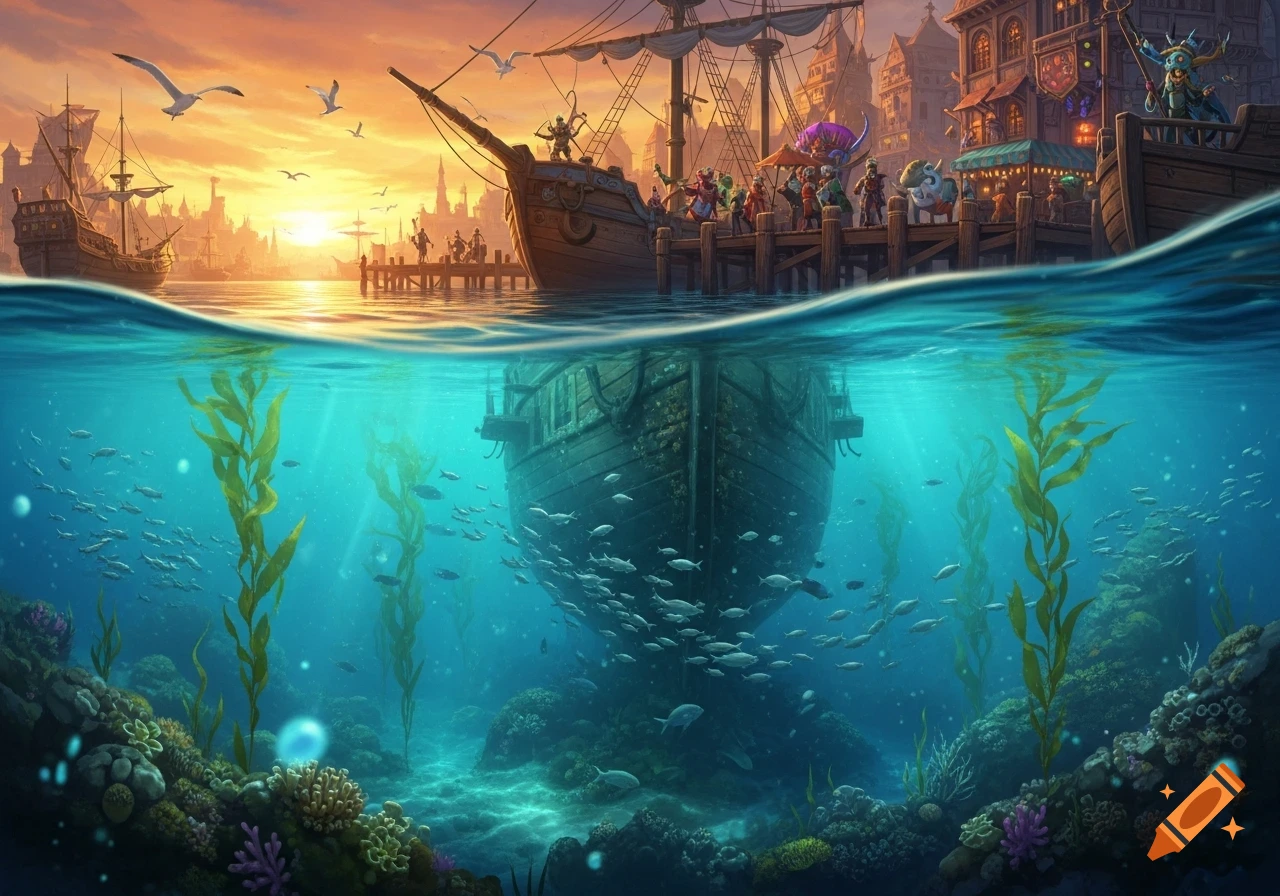 A fantasy port at sunset, showing a ship docked above water with creatures on the pier, and its barnacle-covered hull below among fish and coral.