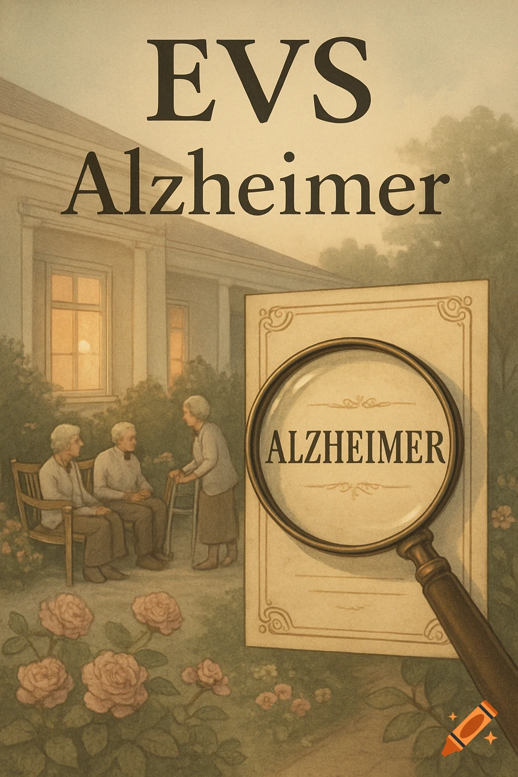 A vintage-style illustration for 'EVS Alzheimer' showing elderly people outside a care home and a magnifying glass over 'ALZHEIMER' on a document.
