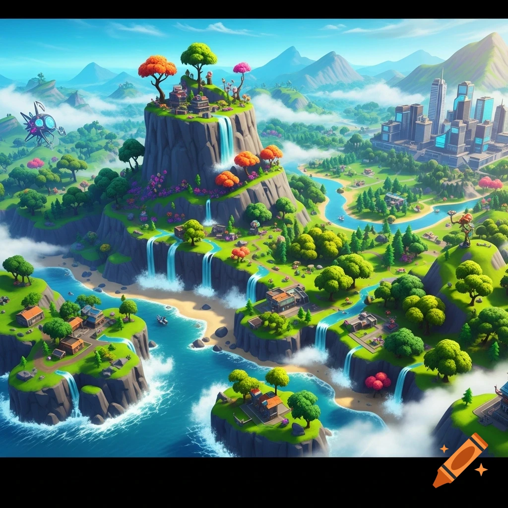 Vibrant cartoon fantasy island with waterfalls, beaches, rivers, lush trees, small buildings, and a distant cityscape.