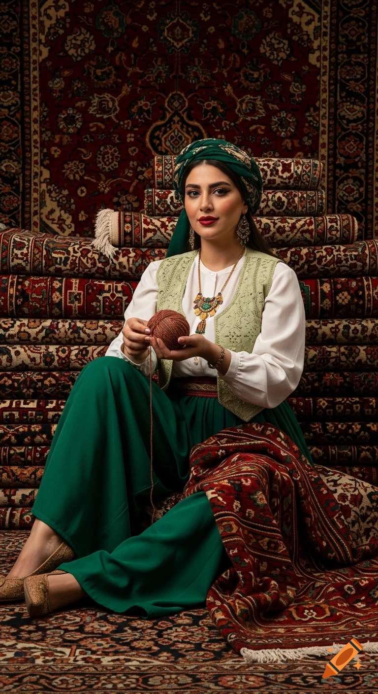 Cinematic full-body portrait of a Middle Eastern woman in traditional green and white attire, holding yarn amidst stacked Persian rugs.