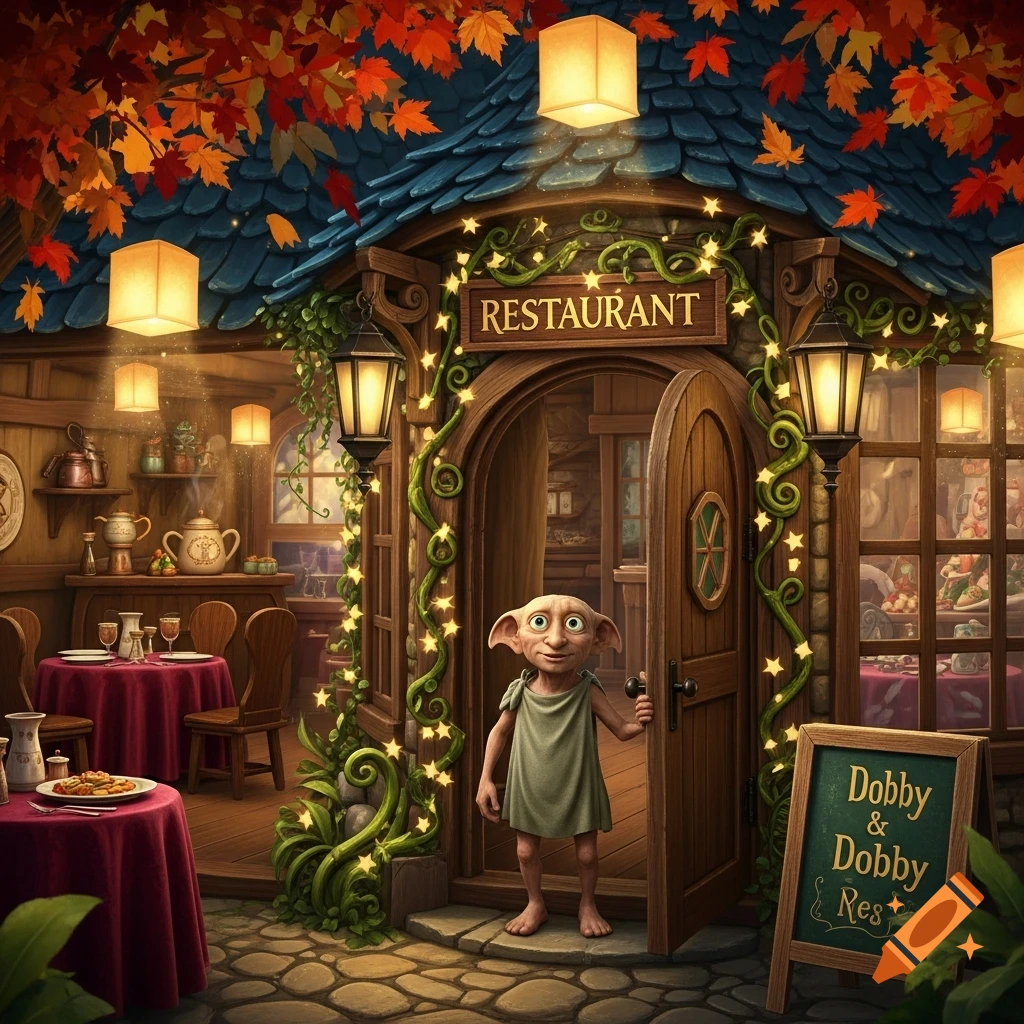 Dobby the House Elf stands in the doorway of his cozy, magical restaurant, adorned with string lights and autumn leaves.