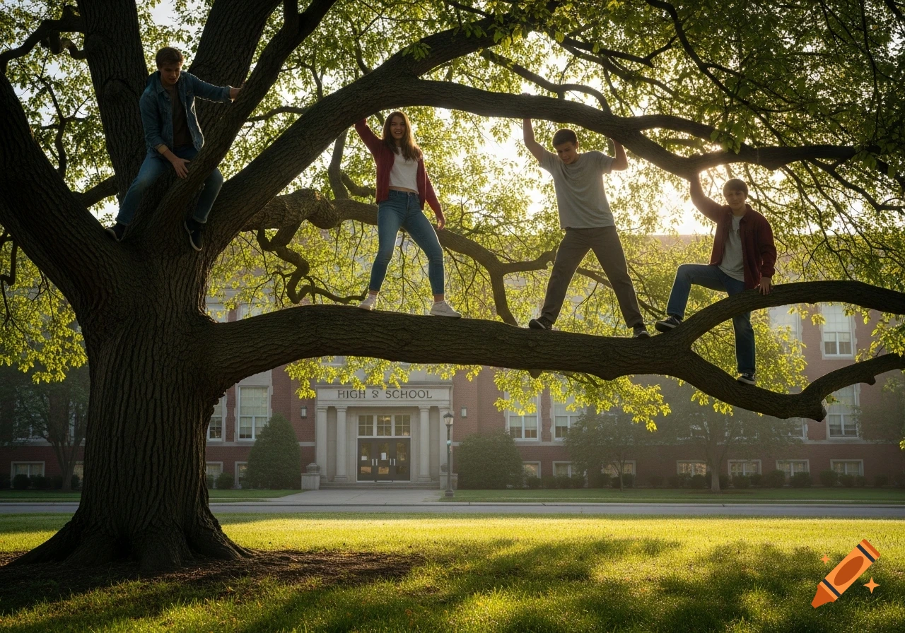 Four young people climb the branches of a large tree in front of a school building, bathed in morning light. Photorealistic style.