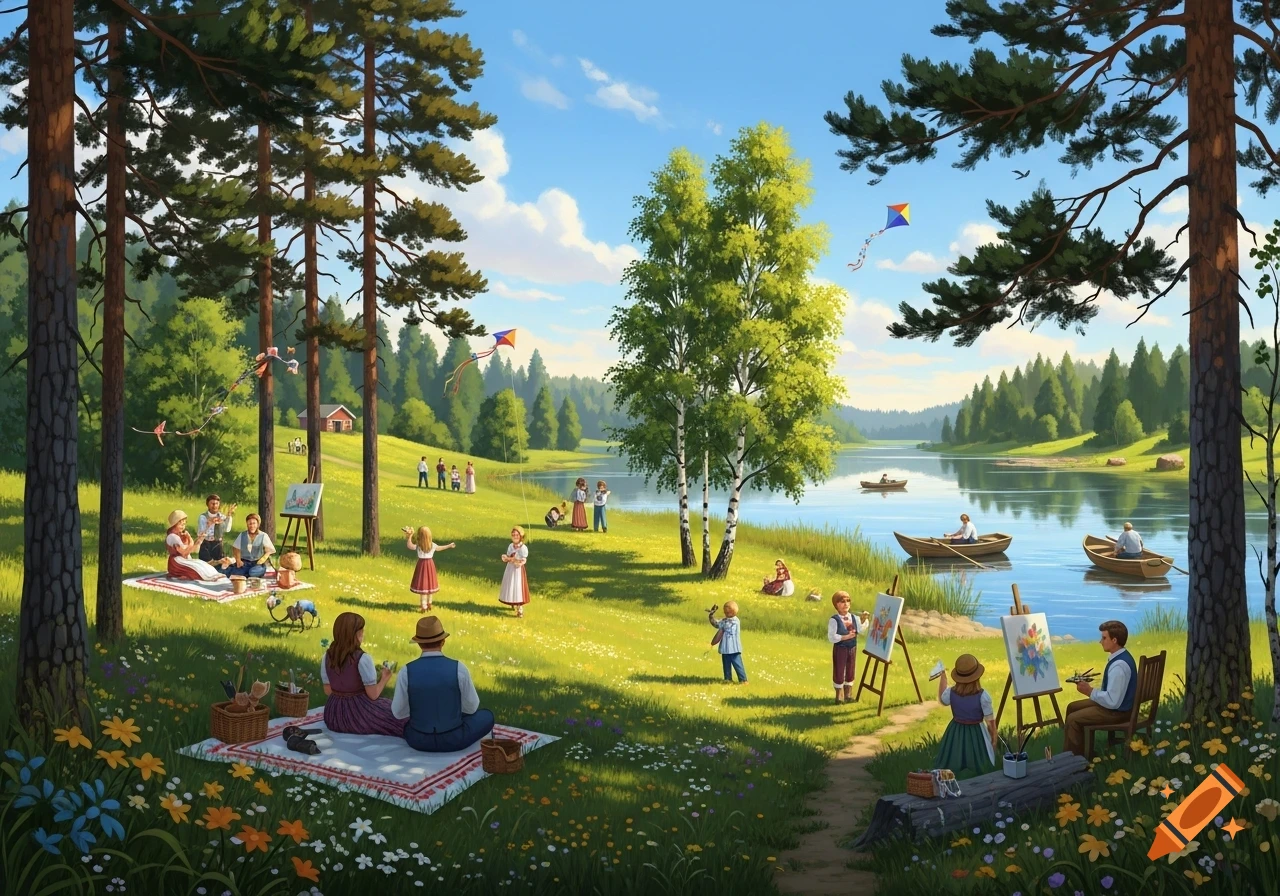 A vibrant, idyllic landscape depicting numerous people enjoying a sunny day by a lake, surrounded by pine and birch trees, with some picnicking, painting, and flying kites.