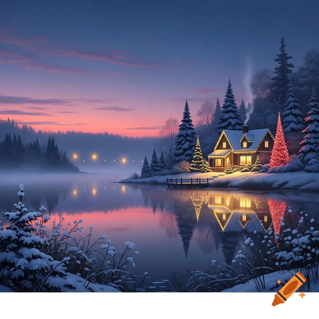 Winter landscape with a cozy house adorned with Christmas lights reflecting in a misty lake under a twilight sky.