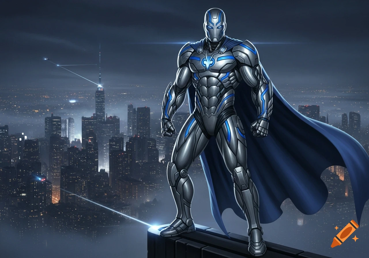 A superhero in metallic silver and blue armor with a blue cape stands ...