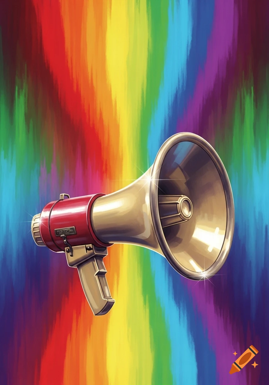 A stylized illustration of a red and gold megaphone against a vibrant, painterly rainbow-colored background.