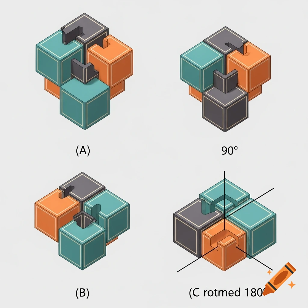 Three isometric views of geometric blocks (A, B, C) in original, 90-degree, and 180-degree rotations.