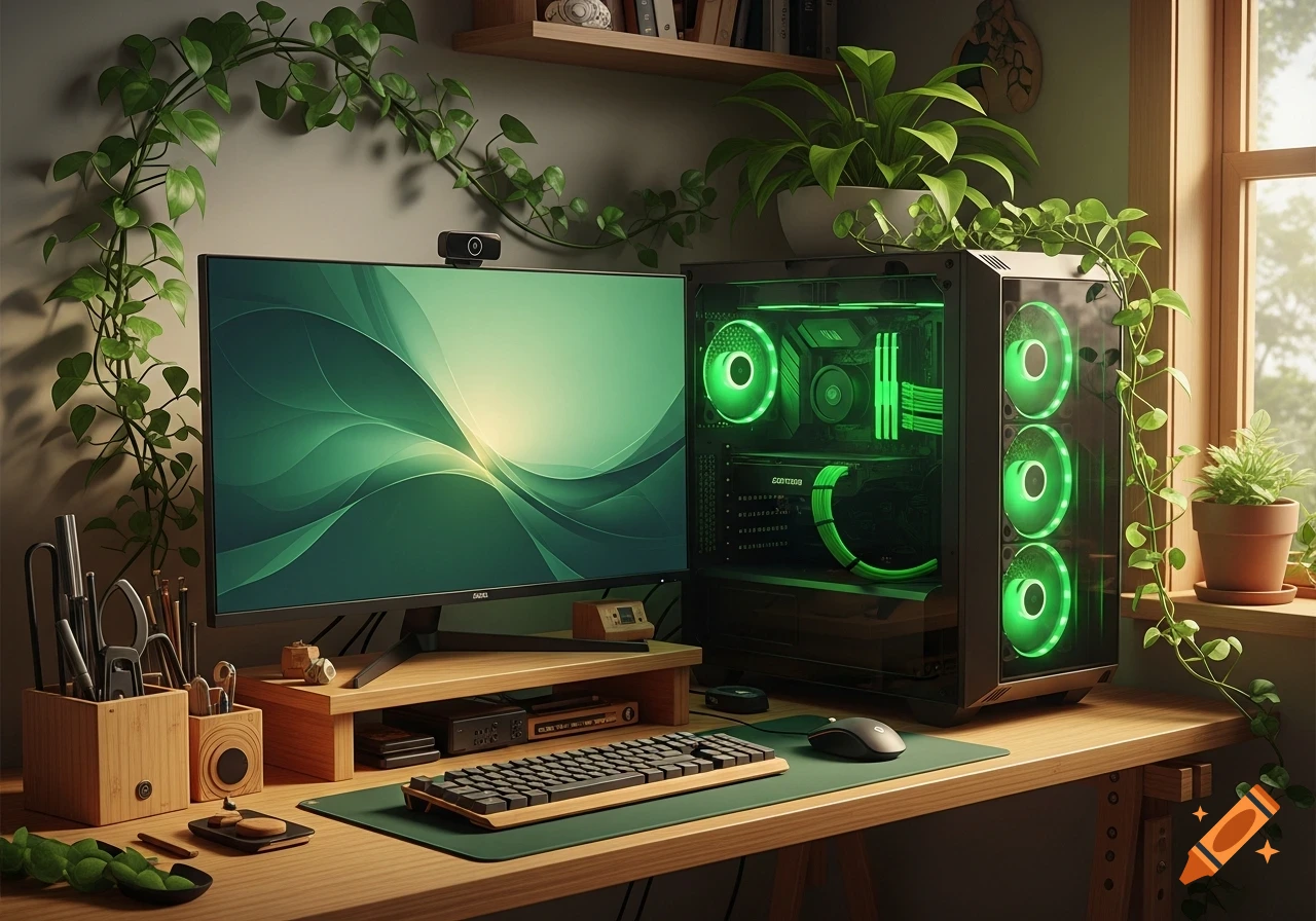 A green-themed gaming PC setup with a monitor, keyboard, mouse, and potted plants on a wooden desk, illuminated by natural light.