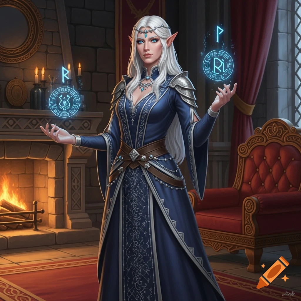 An elf sorceress with white hair and blue eyes, wearing a blue gown, casts glowing rune spells in a fantasy room with a fireplace.