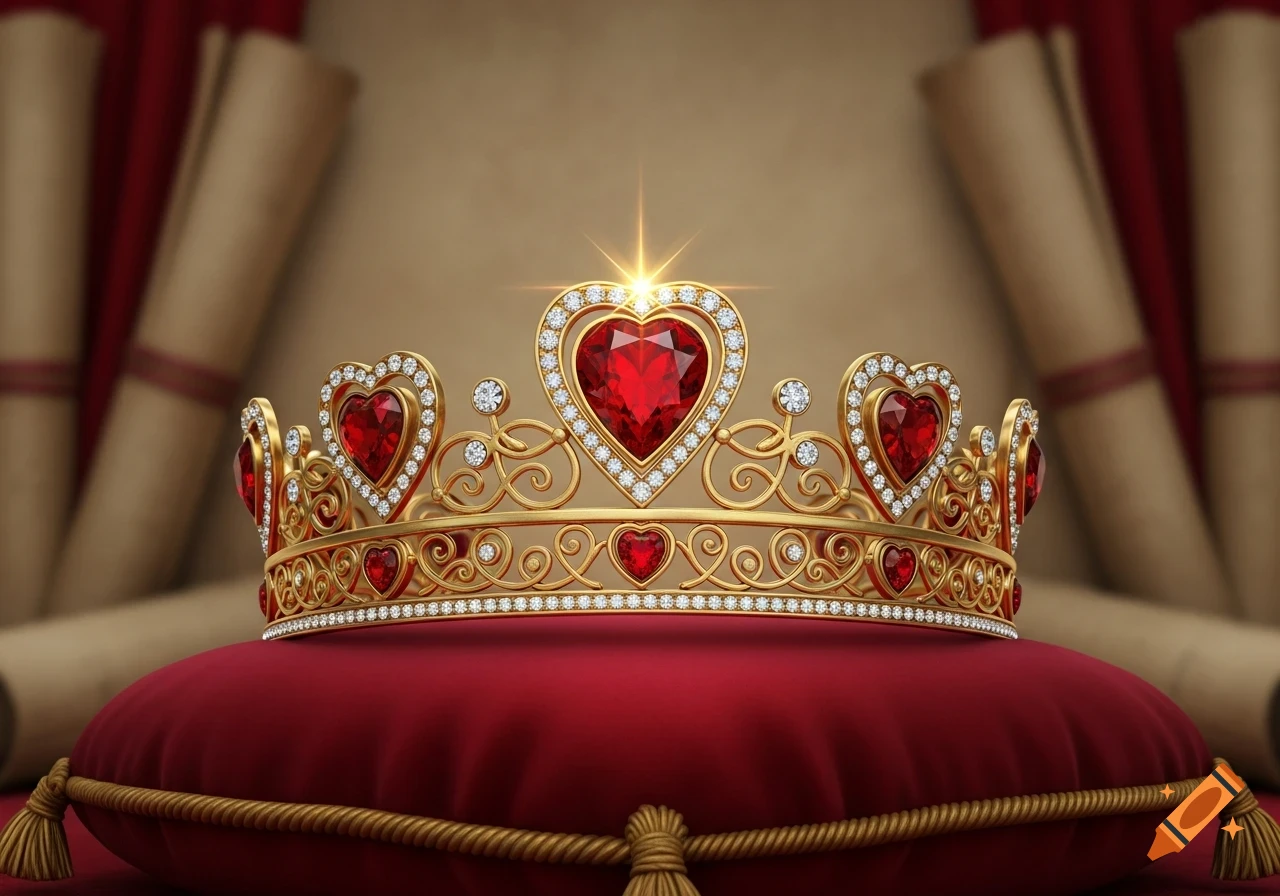 A gleaming gold royal crown, embellished with brilliant red heart-shaped rubies and sparkling diamonds, rests on a rich red velvet cushion. Scrolls are visible in the soft-focus background.