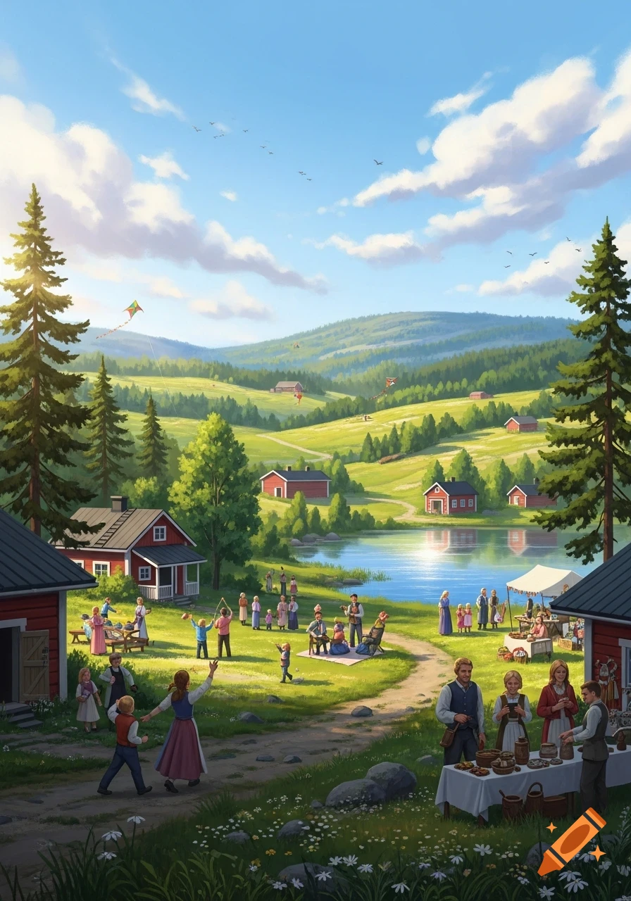 An idyllic, colorful illustration of a Finnish village by a lake, with many people gathering, flying kites, and enjoying outdoor activities amidst rolling green hills and red houses.