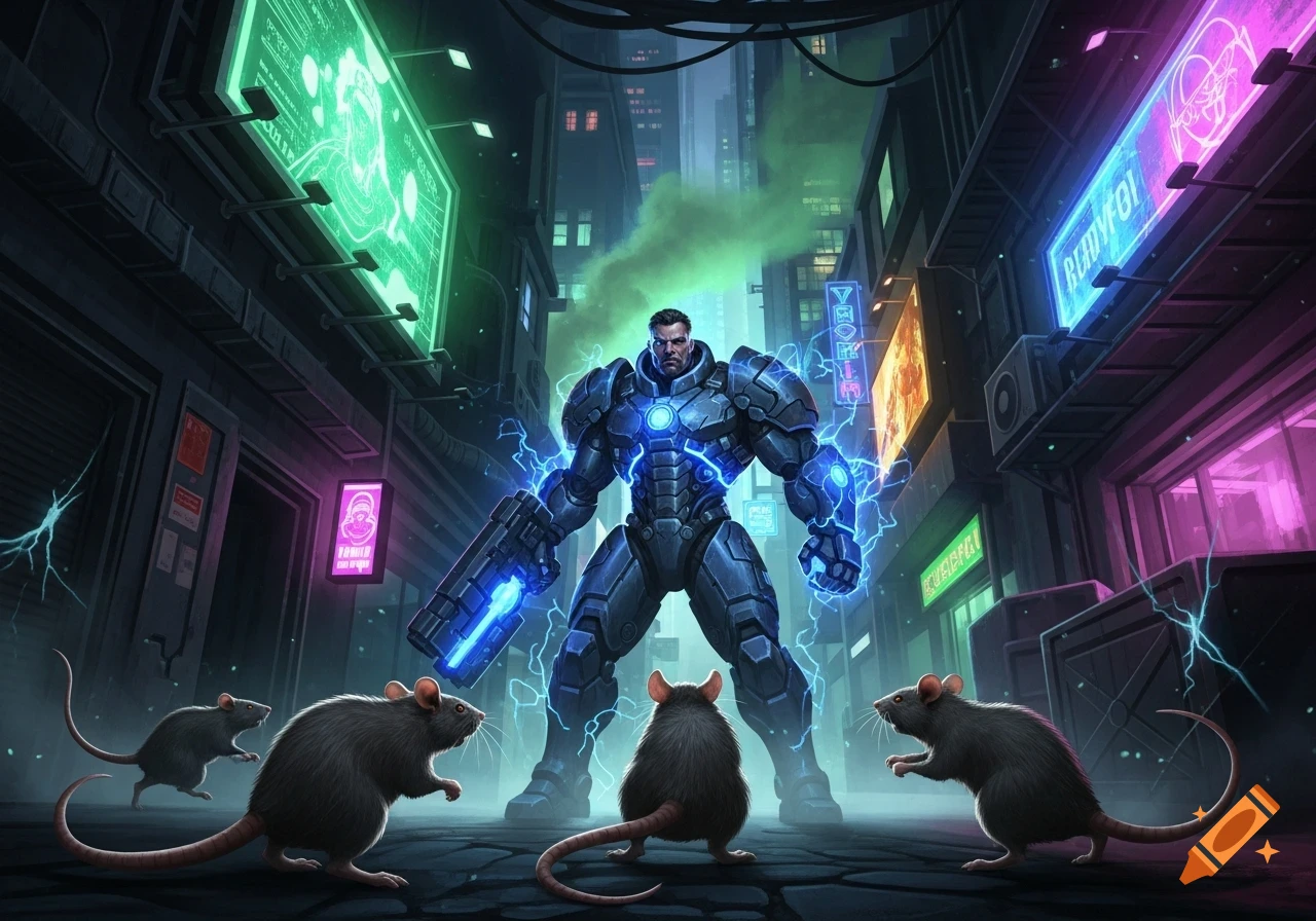 A heavily armored 'warhaker' character with electric powers stands in a neon-lit cyberpunk alley, facing off against three large rats.