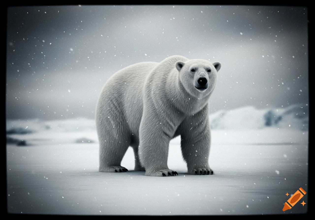 A grainy, uncanny polar bear stands in a snowy landscape with falling snow, looking forward.