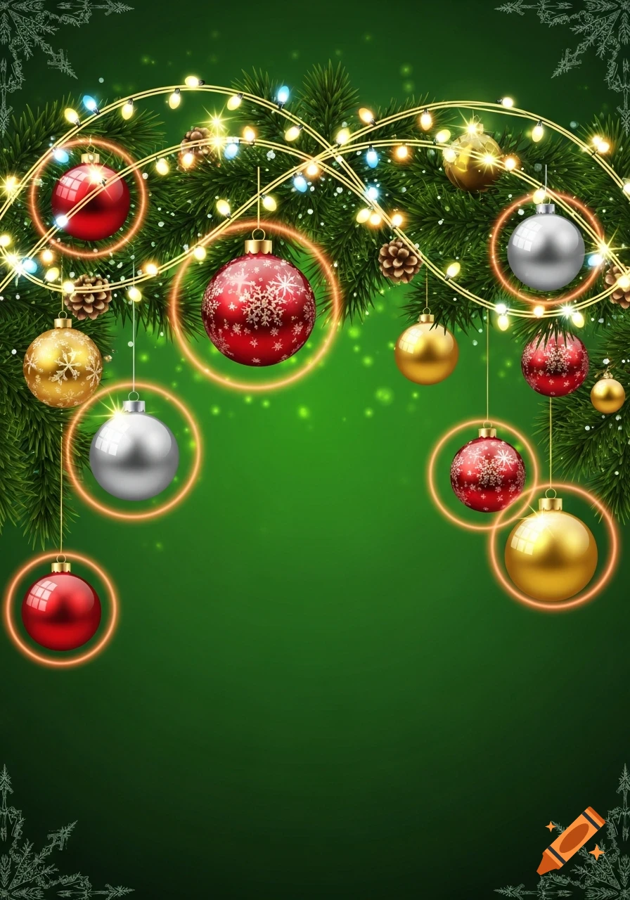 Festive Christmas garland with glowing lights, red, gold, and silver ornaments, and pinecones on a vibrant green background.