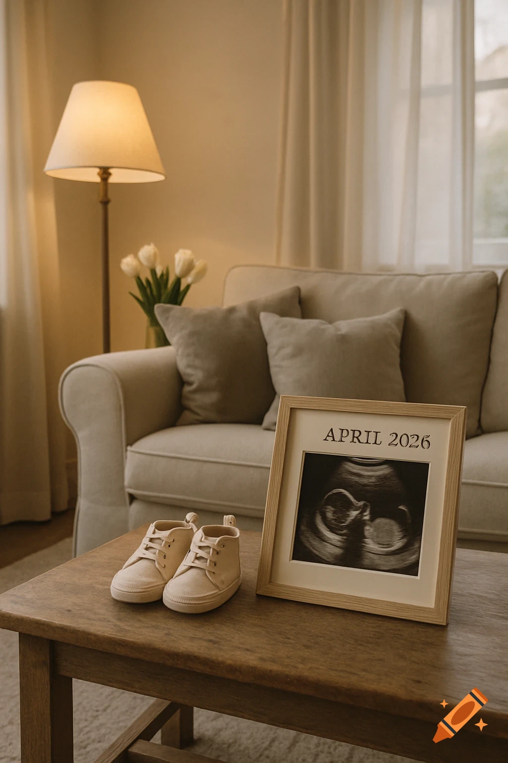 A pair of small canvas baby shoes next to a framed ultrasound photo with "APRIL 2026" on a wooden table in a cozy living room.