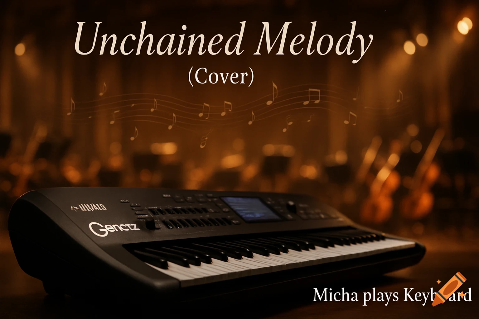 A black digital keyboard, branded "Gencrz," is centered on a stage with blurred orchestra instruments and warm lights in the background. Musical notes float above the keyboard, and the text "Unchained Melody (Cover)" and "Micha plays Keyboard" are displayed.
