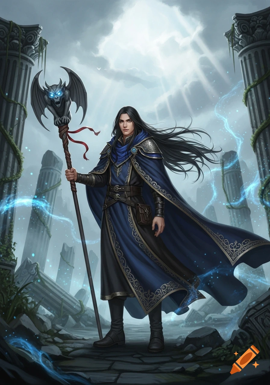 A young male mage with long black hair, wearing blue and black robes, holds a staff with a glowing-eyed gargoyle, standing amidst ancient ruins with magical blue energy.