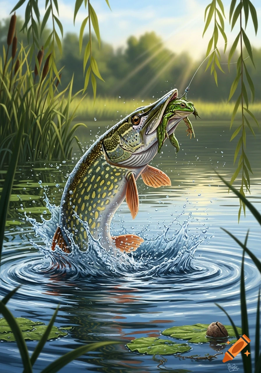 A vibrant illustration of a pike fish leaping from a pond to catch a frog lure, surrounded by reeds and willow branches under a sunny sky.