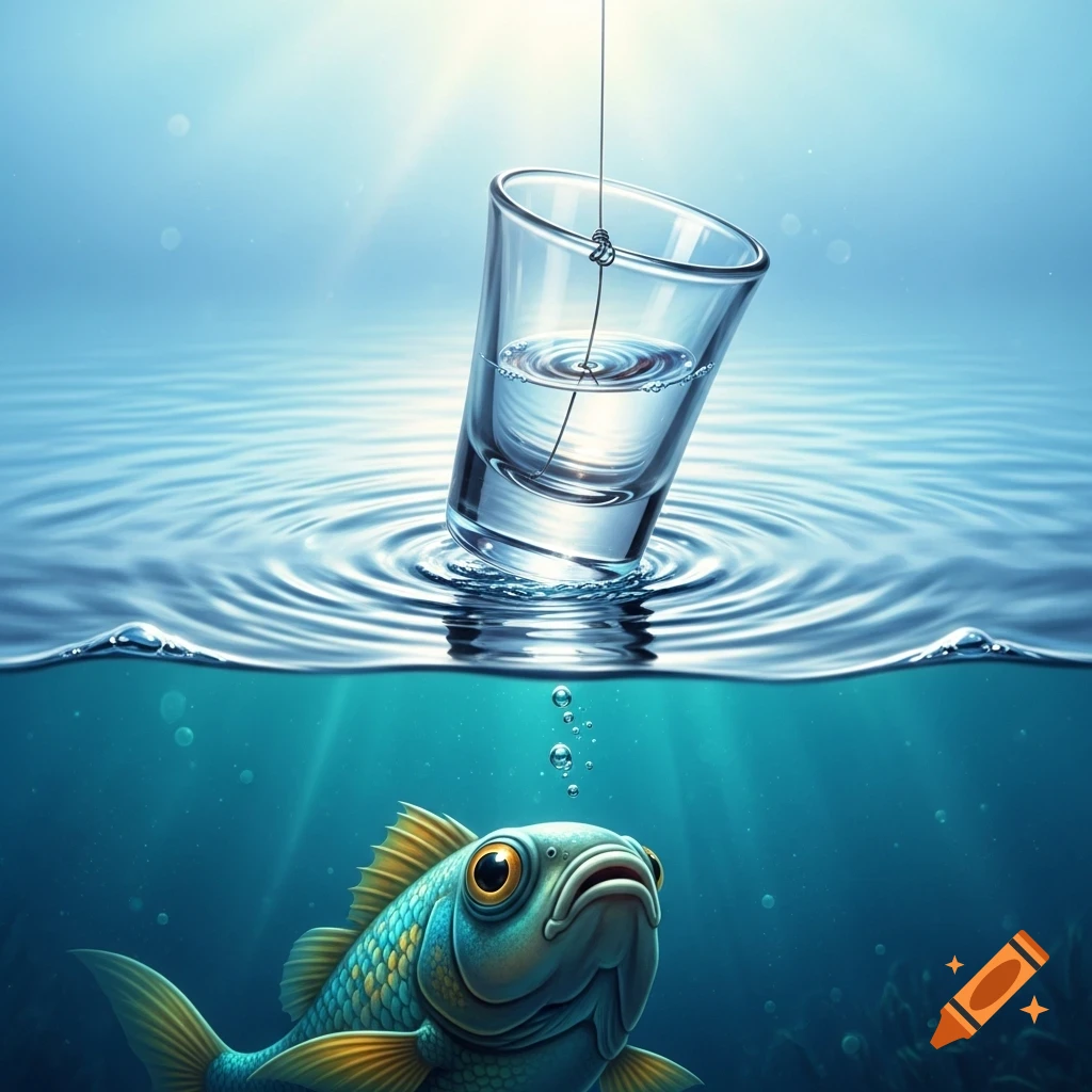 A stylized fish underwater looking up at a shot glass floating on the surface, hooked to a fishing line.