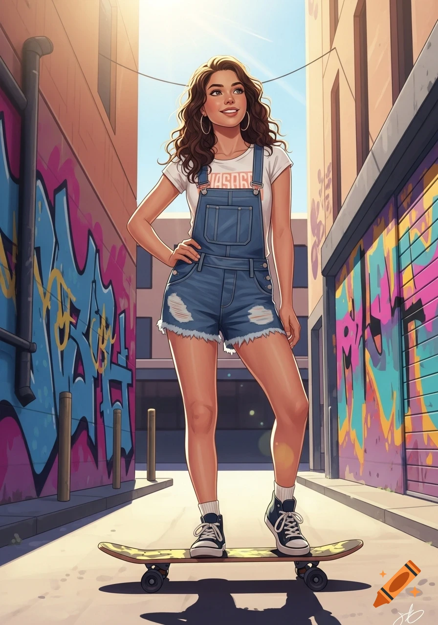 A cartoon-style young woman in denim overall shorts and sneakers stands on a skateboard in an alley with graffiti walls.