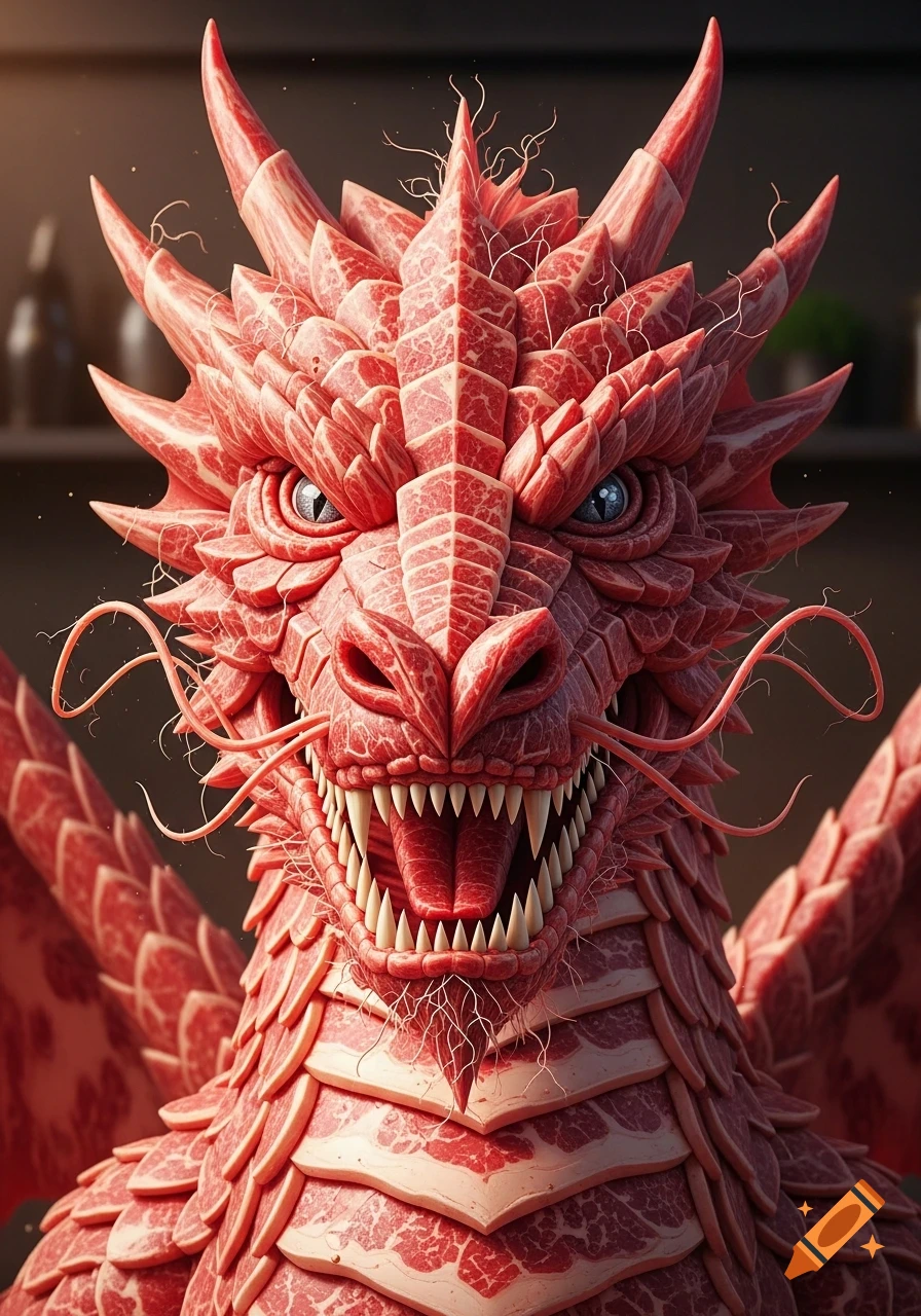 Close-up portrait of a majestic red dragon with scales and features sculpted from raw meat, showing its open mouth with sharp teeth and tongue.