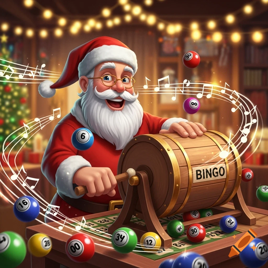 A festive Santa Claus happily spinning a wooden bingo drum, surrounded by colorful bingo balls and musical notes in a warm, Christmas-lit room.