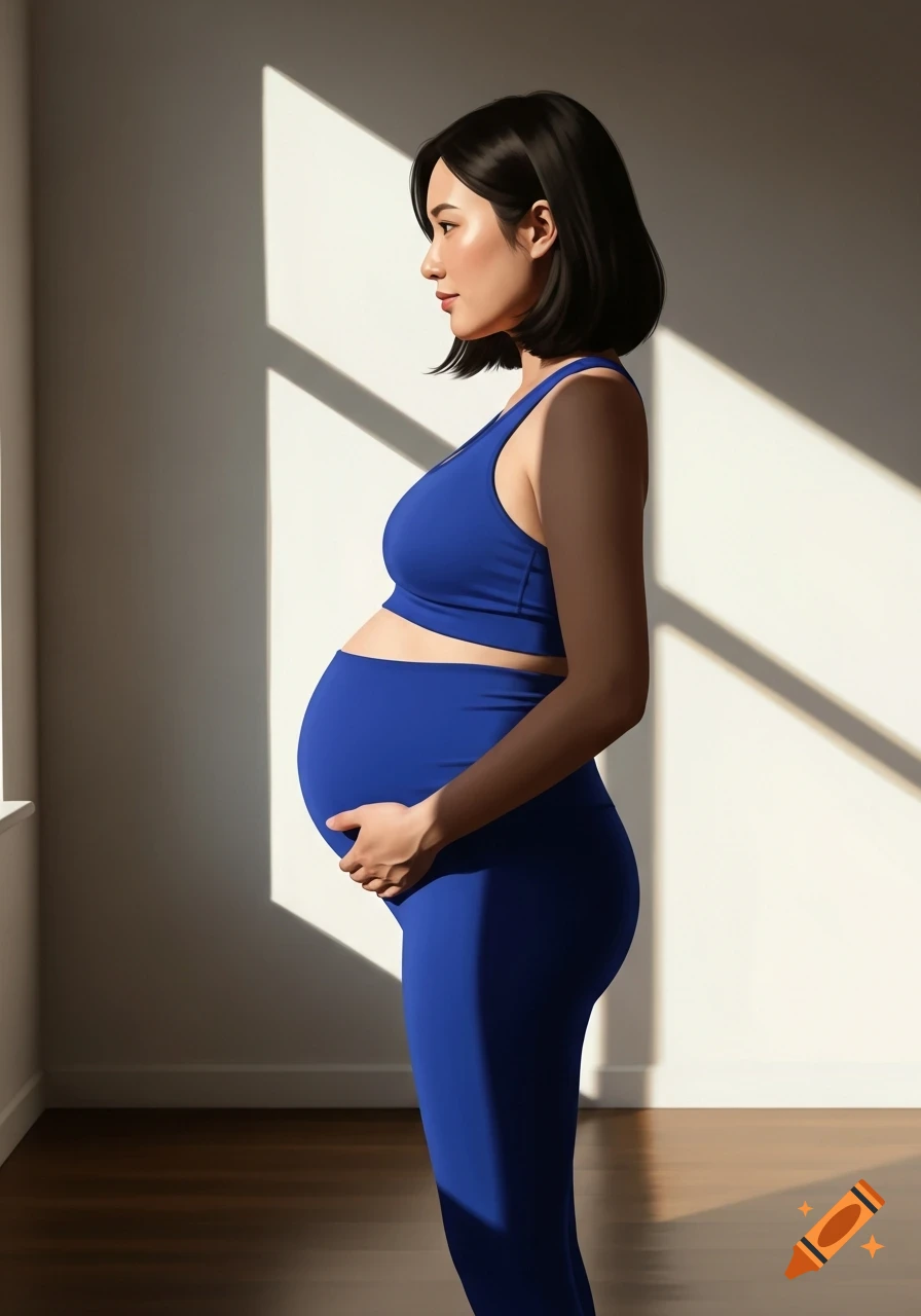 A side profile of a pregnant woman in a blue sports bra and leggings, holding her belly, standing in sunlight.