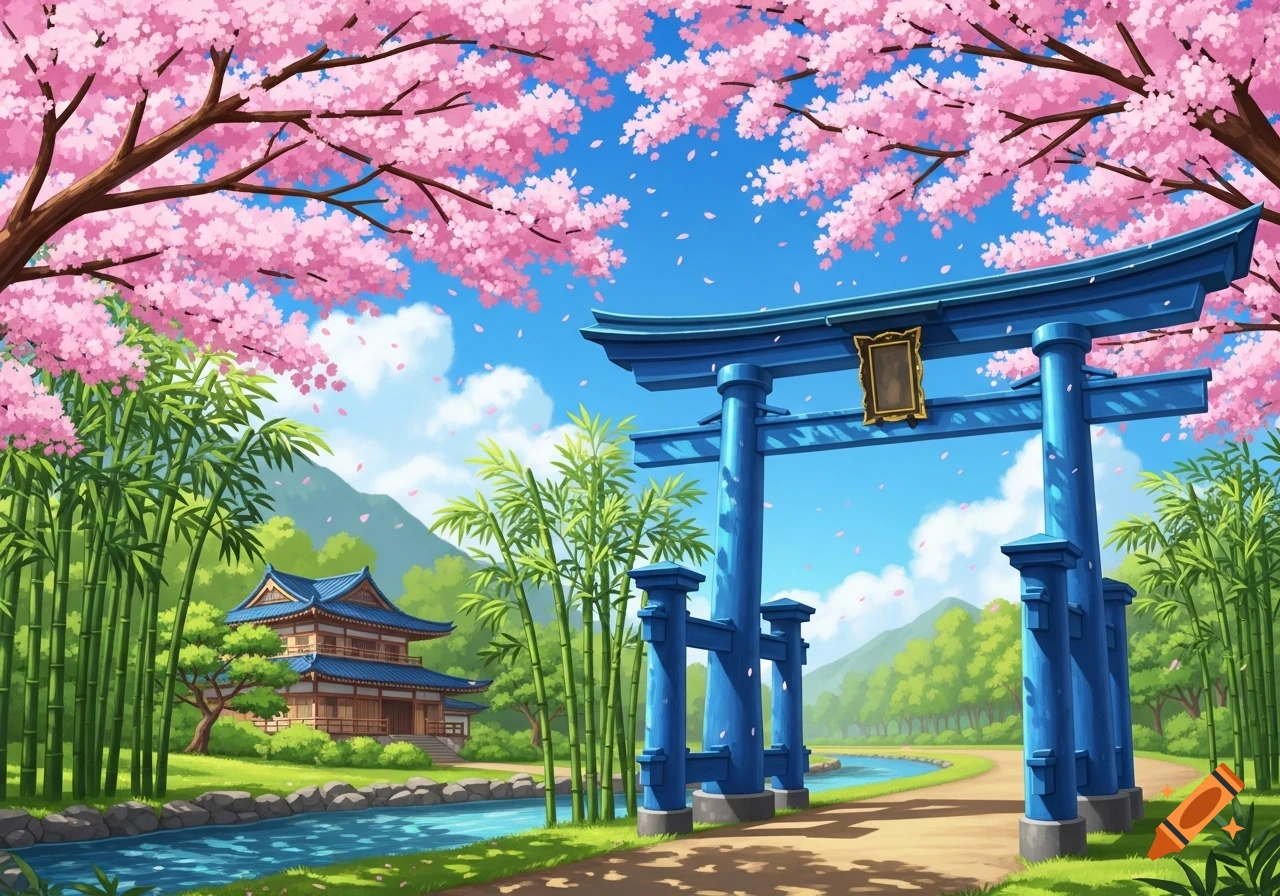 Vibrant anime illustration of a Japanese garden with a blue torii gate, pink cherry blossoms, bamboo, a river, and a traditional house.