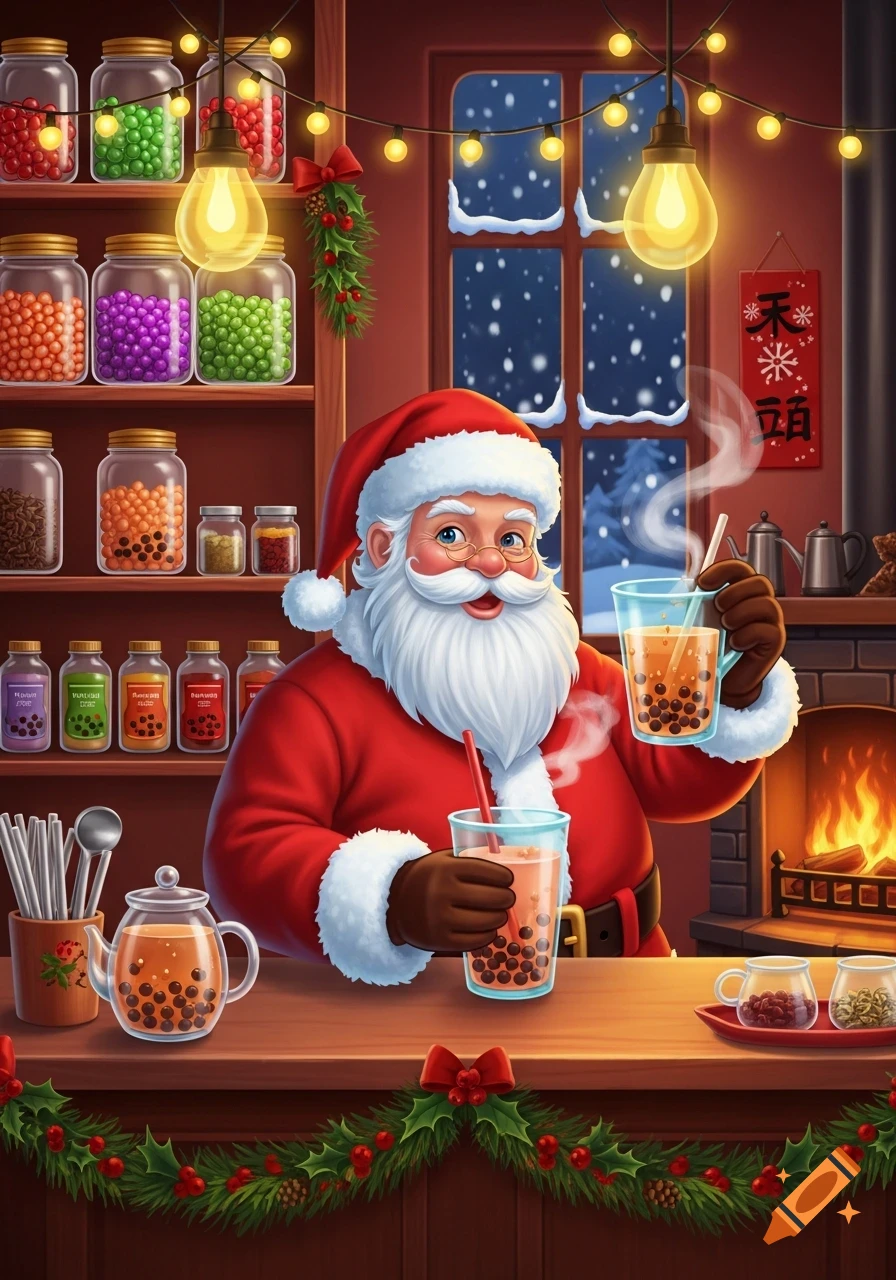 Cartoon Santa Claus in a cozy, festive room preparing bubble tea, surrounded by shelves of colorful ingredients and a fireplace.
