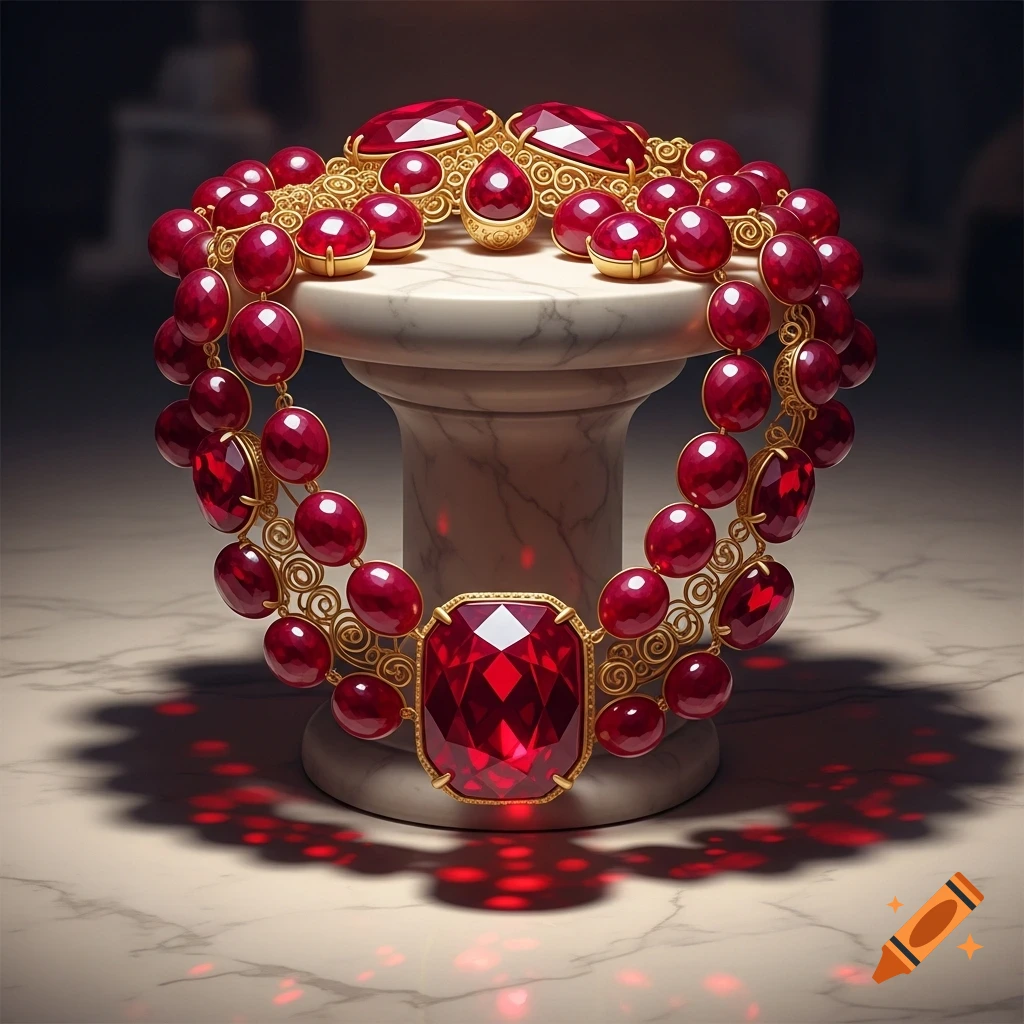 A lavish gold necklace adorned with numerous red rubies, featuring a large central ruby, displayed on a marble pedestal with reflective light.