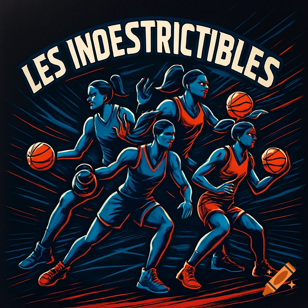 Stylized illustration of four female basketball players in blue and orange uniforms, with 'LES INDESTRUCTIBLES' text arched above.