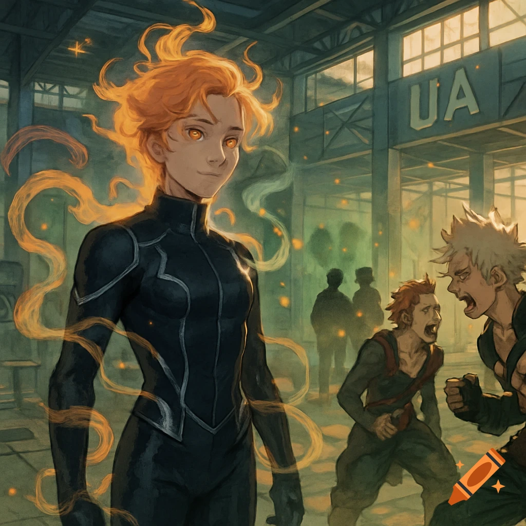 An anime-style character with fiery orange hair and glowing eyes in a black suit, standing confidently in a UA building while other characters fight in the background.