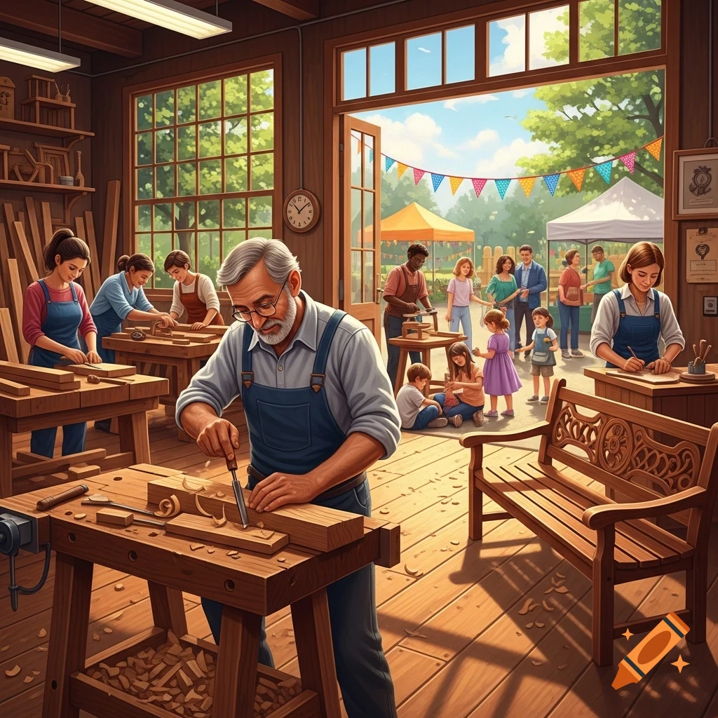 An illustration of a bustling carpentry workshop, with woodworkers inside and a vibrant community fair visible through an open door.