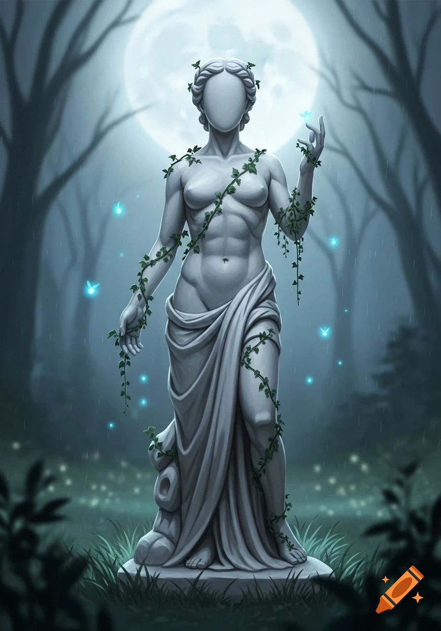An illustrative image of an ivy-draped, blank-faced female statue with glowing butterflies in a misty forest under a full moon.