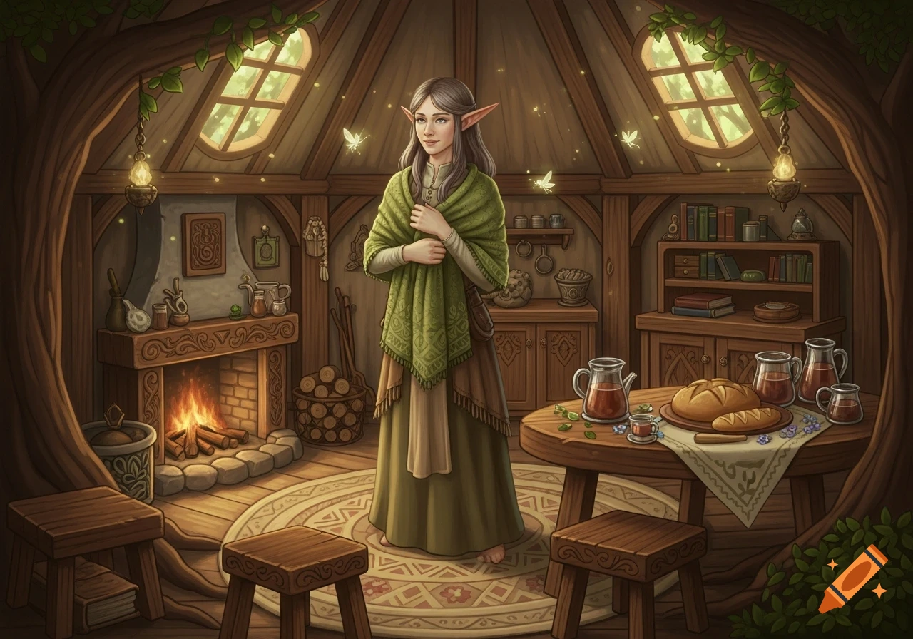 A detailed illustration of an elf woman in a green shawl standing in a cozy, rustic tree-house home with a fireplace and a table with bread and drinks.