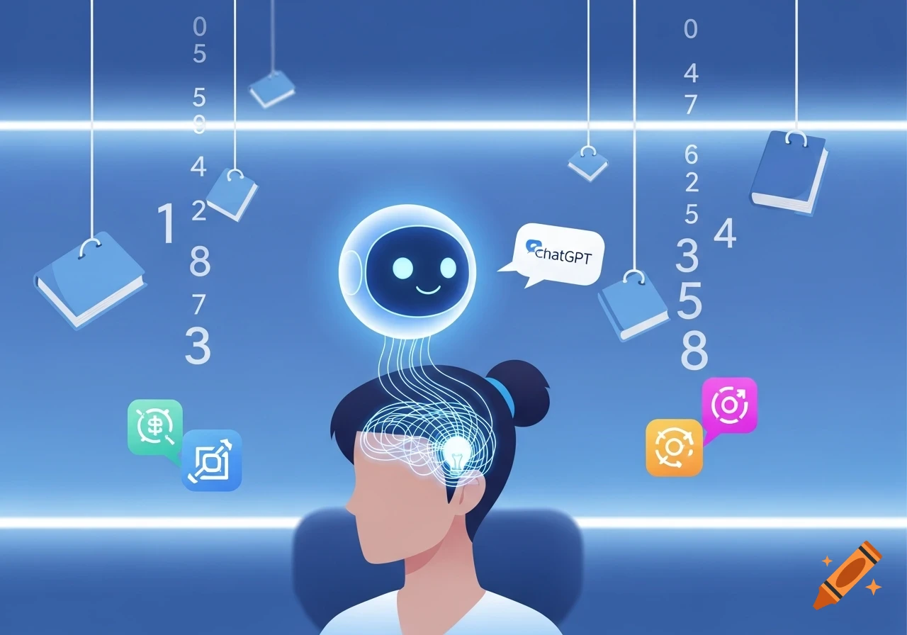 An elegant digital illustration of a person with a glowing AI sphere labeled "ChatGPT" connected to their brain, surrounded by floating books, numbers, and creative icons, symbolizing enhanced mental fitness.