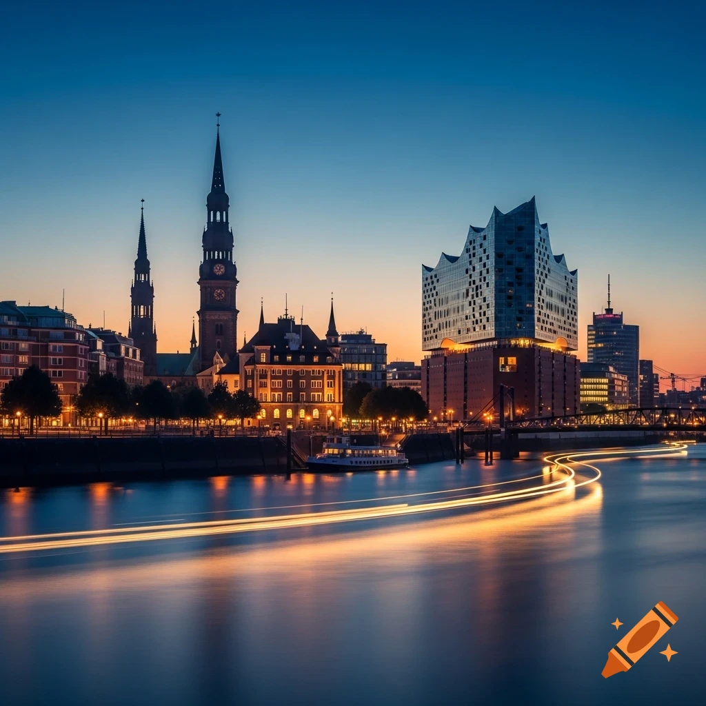 Scenic twilight view of the Hamburg skyline featuring the Elbphilharmonie, historic spires, and bright reflections on the river with light trails.