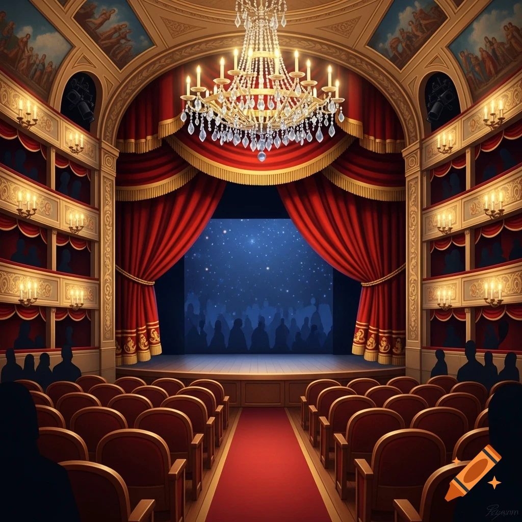 A grand theatre interior with red velvet curtains, a large crystal chandelier, and rows of empty red seats leading to a stage.