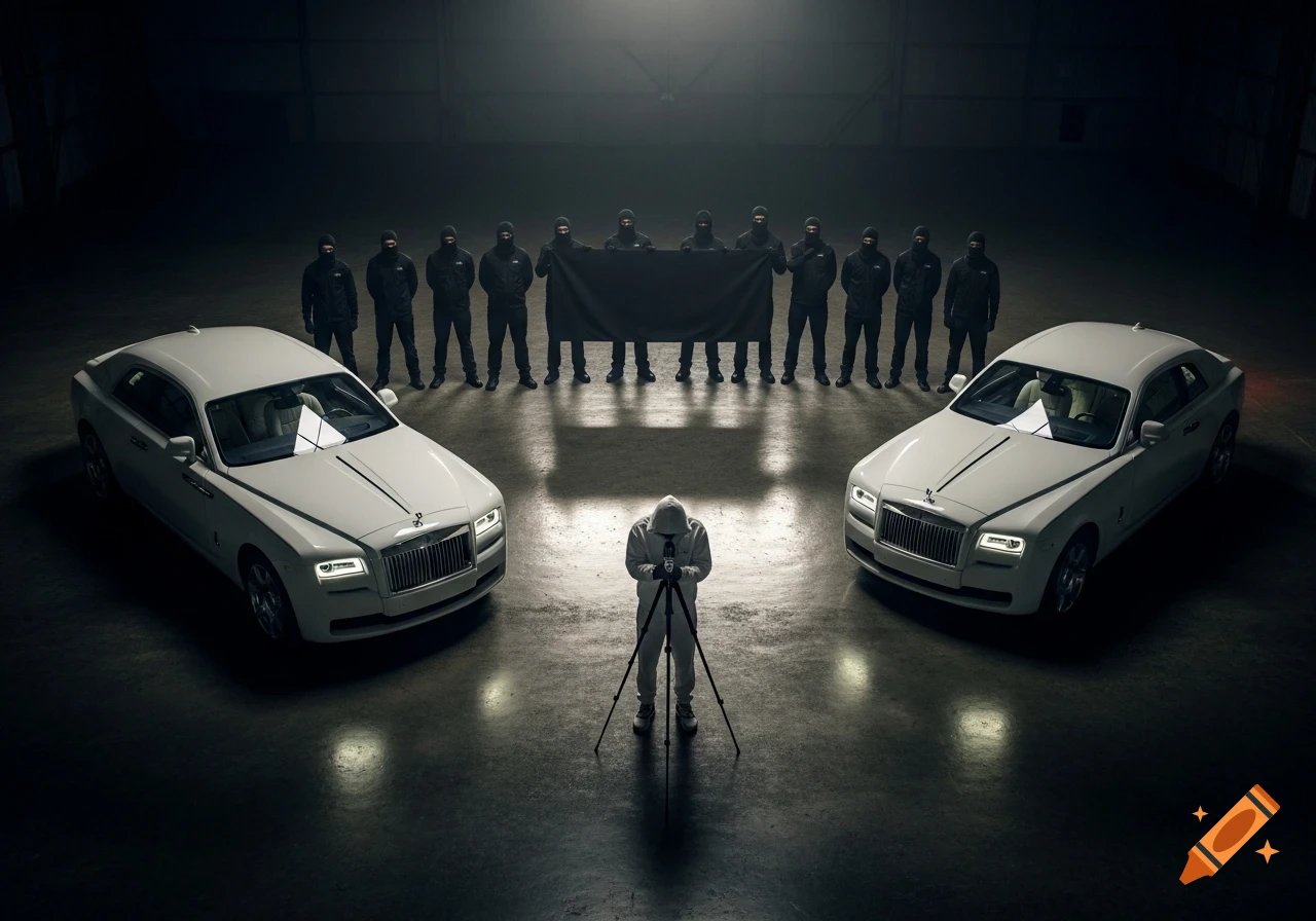 Two white Rolls-Royce cars in a dark hangar, a hooded figure with a tripod, and balaclava-clad people holding a black banner.