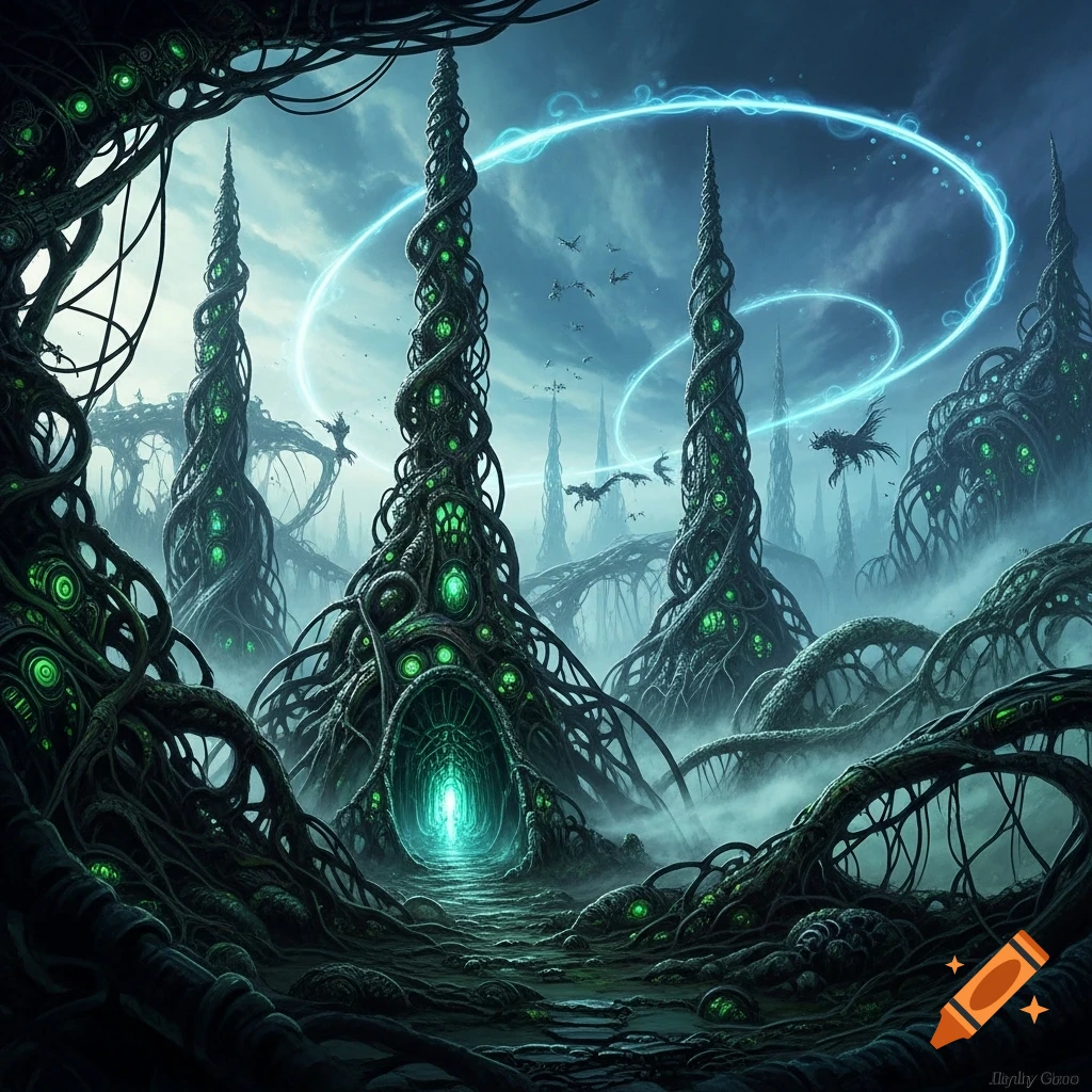 A dark, HR Giger-style alien landscape with glowing green biomechanical towers, flying creatures, and a bright portal in the distance.