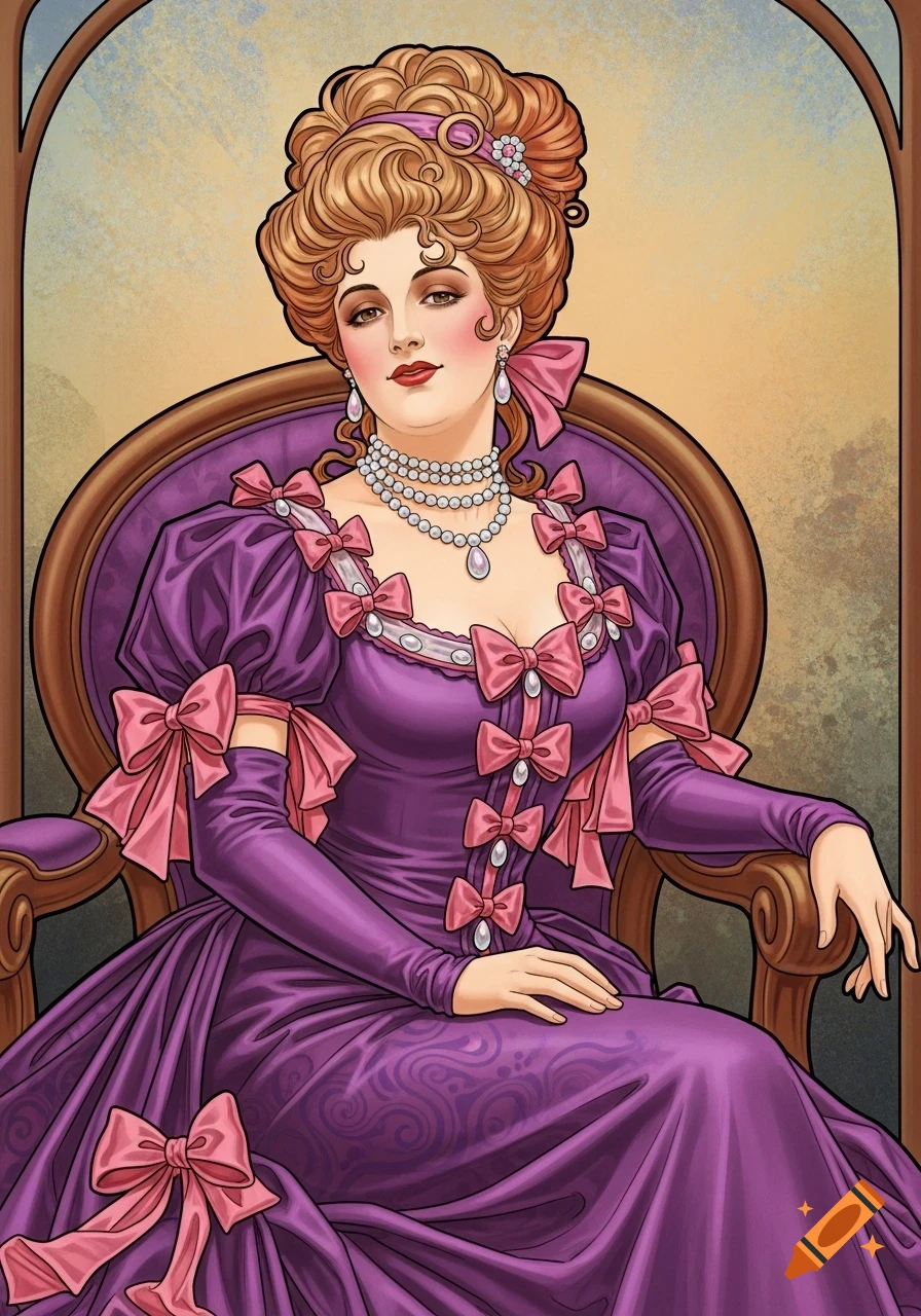 An Art Nouveau style illustration of a woman with red hair in an elaborate updo, wearing a deep purple gown adorned with pink bows, pearls, and earrings, seated in a chair.