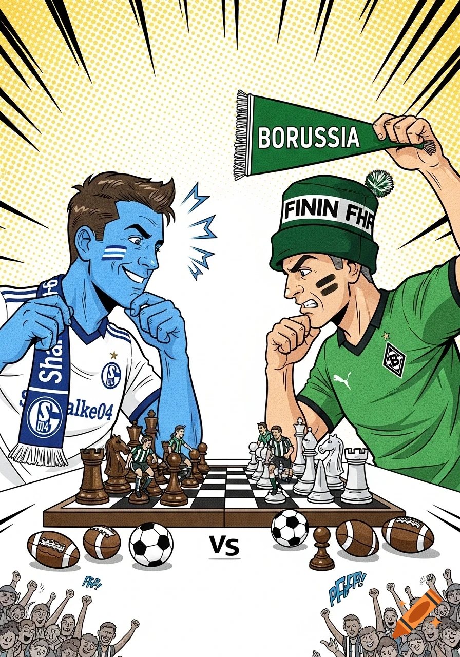 Comic art depicts two rival soccer fans playing chess. The blue-skinned fan wears a Schalke04 scarf, and the green-clad fan holds a Borussia pennant. Footballs and rugby balls surround the chessboard, with cheering crowds below.