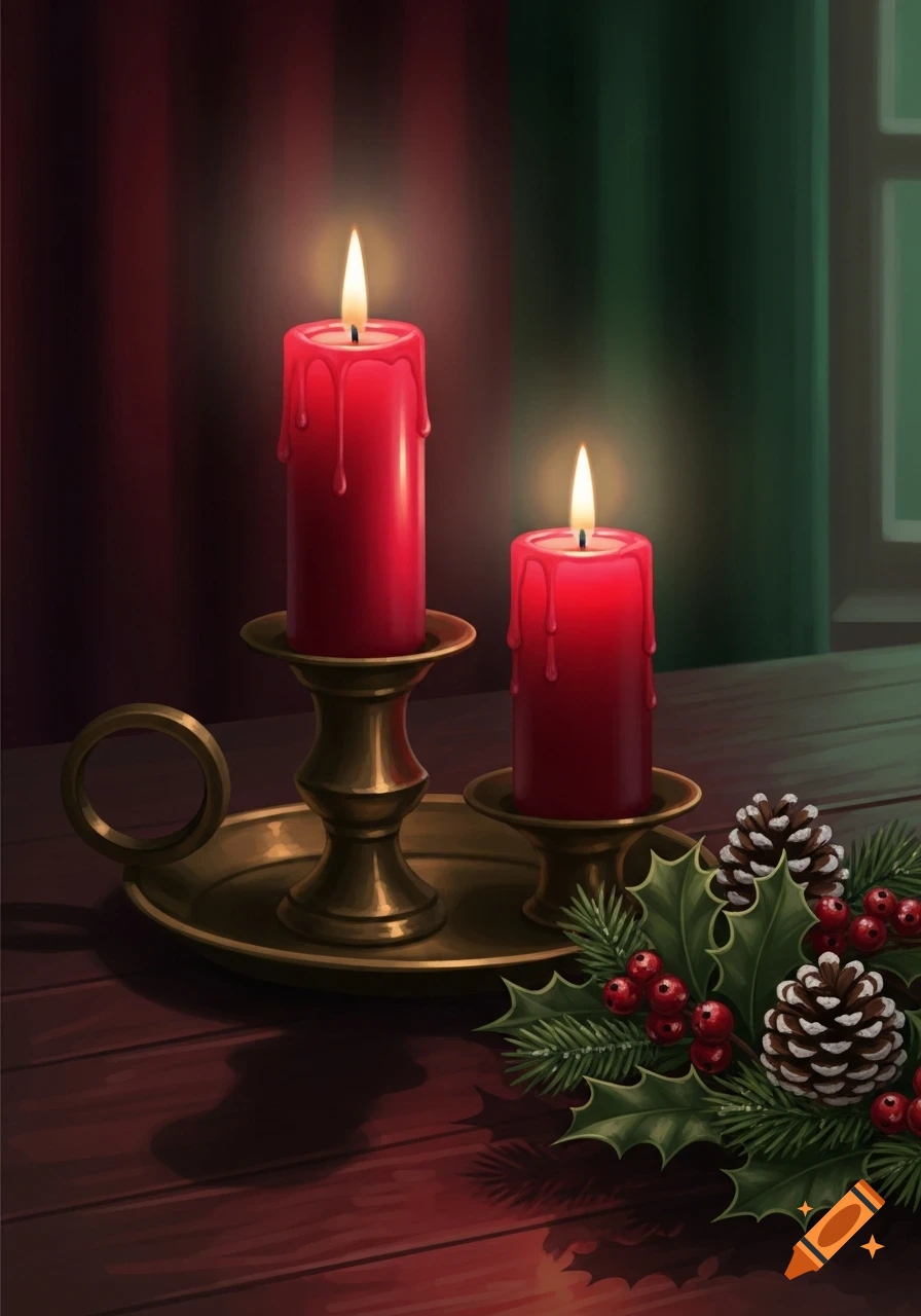 Two lit red candles in brass holders with melting wax, next to holly, red berries, and pinecones on a dark wooden table. Christmas still life.