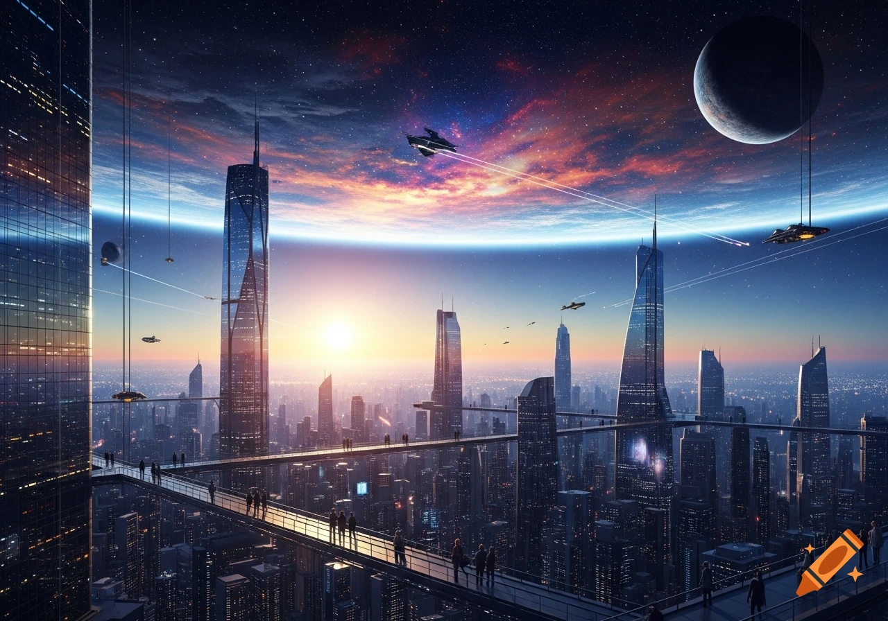 A vibrant futuristic city with towering skyscrapers and elevated ...