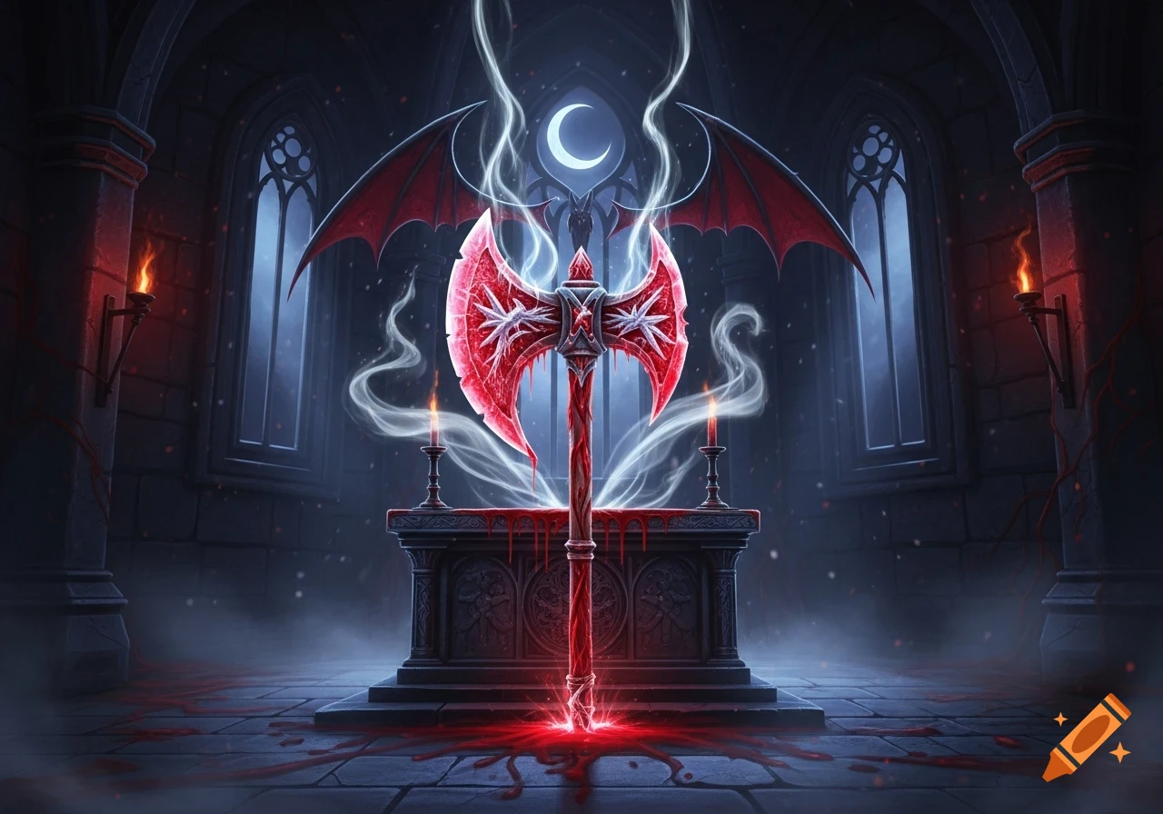 A stylized red double-bladed axe with white glowing patterns and bat wings, standing on an altar in a dark gothic chamber, with a crescent moon above.