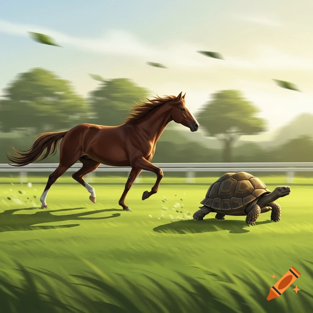 A brown horse gallops past a tortoise on a green grassy race track with trees and a white fence in the background, digital art.