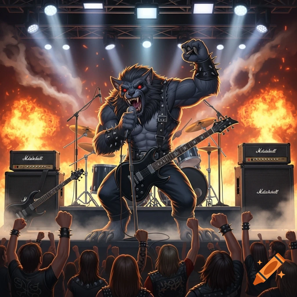A snarling werewolf-like creature with red eyes sings and plays guitar on stage at a heavy metal concert, with a fiery background and a cheering crowd.