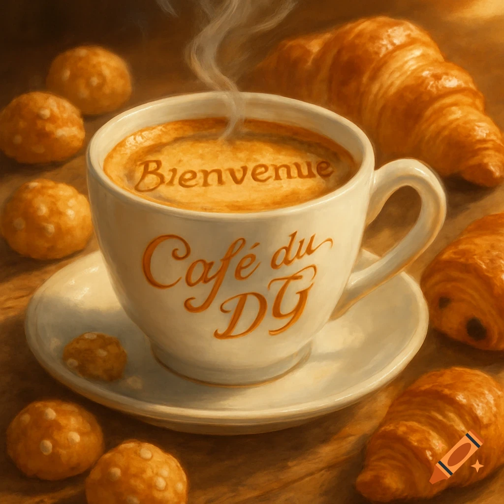A steaming cup of coffee with 'Bienvenue' on the foam and 'Cafe du DG' on the cup, surrounded by croissants and pastries on wood.