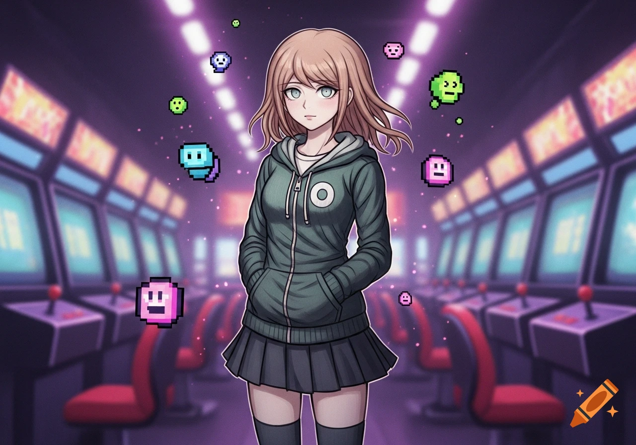 An anime girl with brown hair and green eyes, wearing a green hoodie and dark pleated skirt, stands in an arcade with pixel art emojis floating around her.