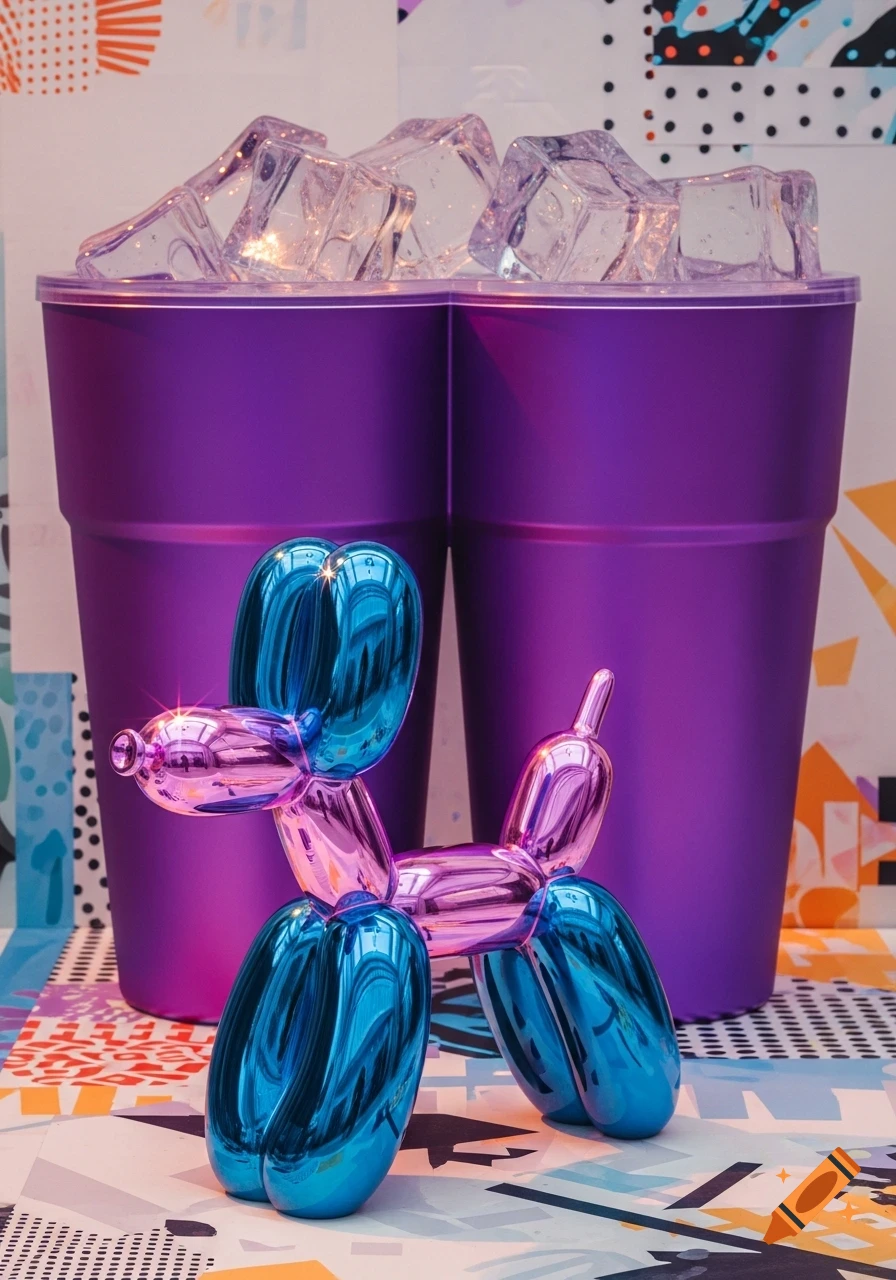 A vibrant metallic blue and pink balloon dog stands in front of two purple cups filled with ice on a colorful, abstract patterned surface.